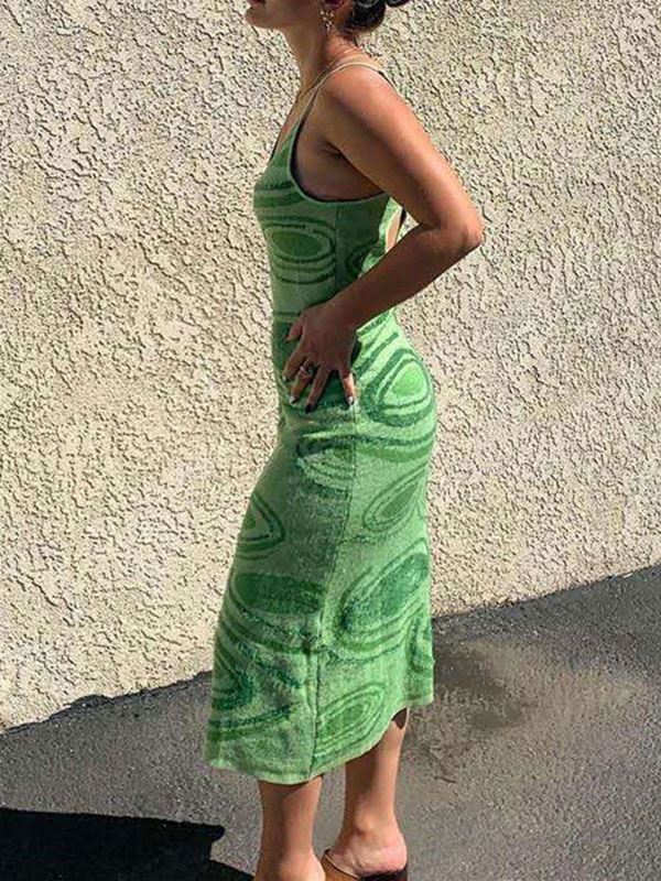 Women's Clothing Dresses | Maxi Dresses Sleeveless Green Printed Straps Neck Crochet Maxi Irregular Lycra Spandex Long Dress - H