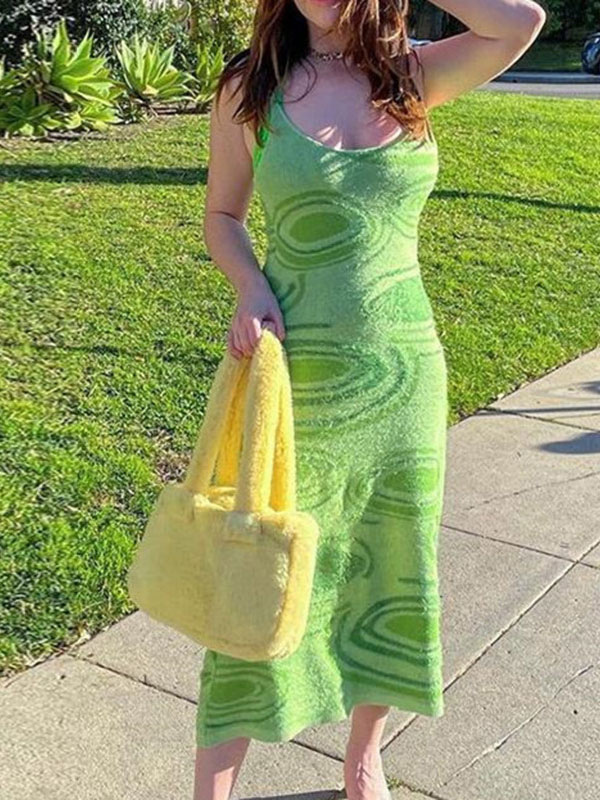 Moda Mujer Vestidos | Maxi vestidos sin mangas verde impreso correas cuello crochet maxi irregular lycra spandex vestido largo - DU81886