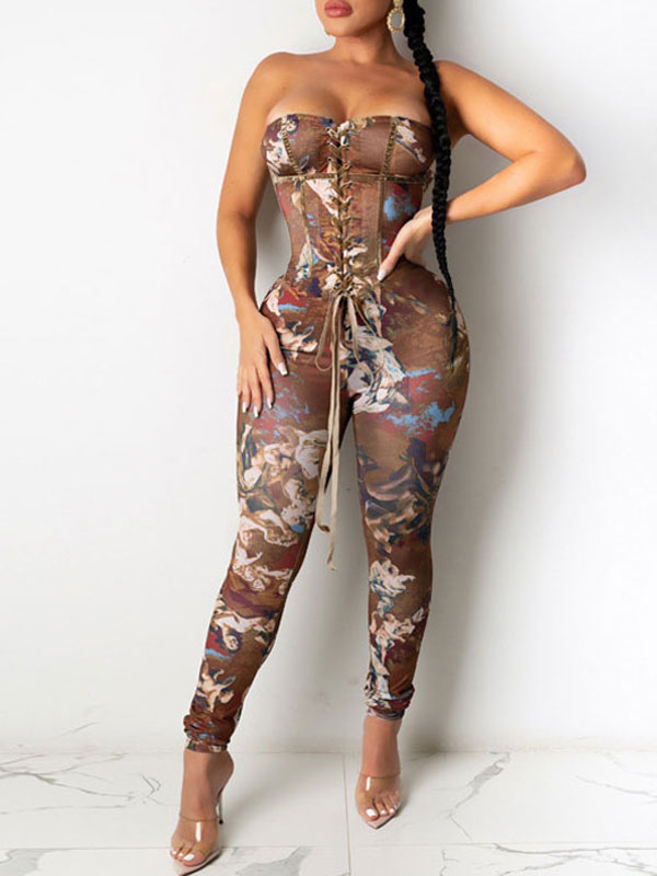 Women's Clothing Jumpsuits & Rompers | Coffee Brown Printed Strapless Sleeveless Lace Up Strapless Polyester Jumpsuits For Women