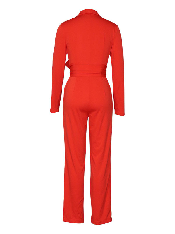 Women's Clothing Jumpsuits & Rompers | Red V-Neck Long Sleeves Polyester Pants Jumpsuits For Women - NY34706