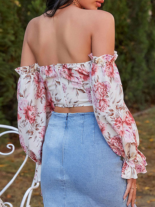 Women's Clothing Tops | White Strapless Top For Women Floral Printed Irregular Pleated Ruffles Casual Long Sleeves Polyester Summer Blouse - ZQ36284
