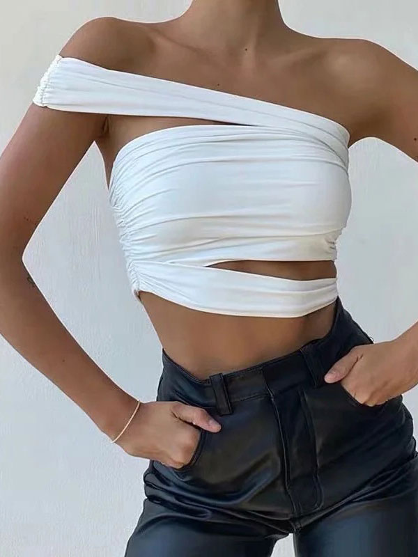 Women's Clothing Tops | Women Sexy Top White Off The Shoulder Bateau Neck One Shoulder Sleeveless Summer Top - AH61581