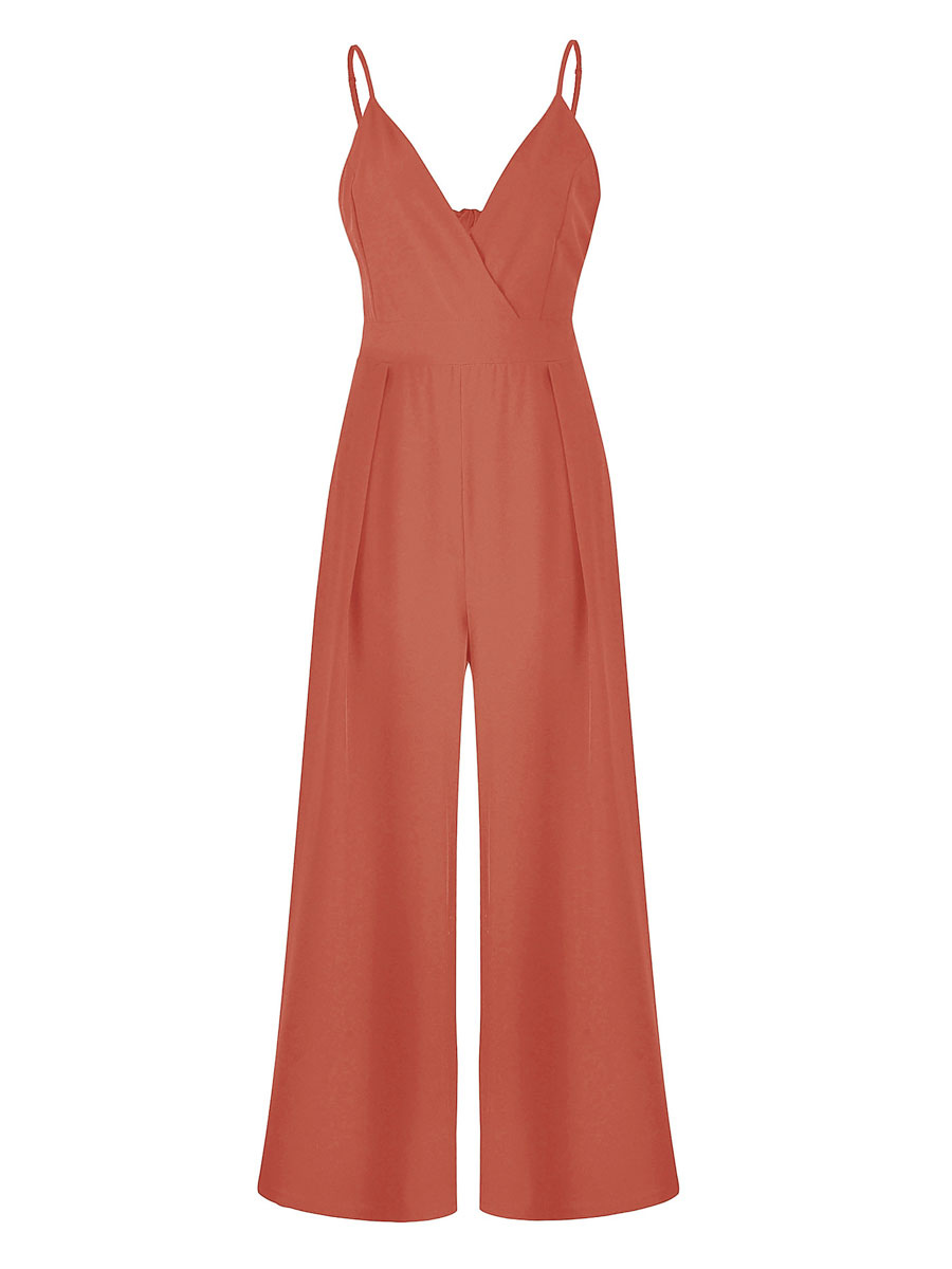 Women's Clothing Jumpsuits & Rompers | Women Watermelon Red Straps V-Neck Sleeveless Pleated Irregular Spaghetti Straps Polyester Jumpsuits For Women - RO25164