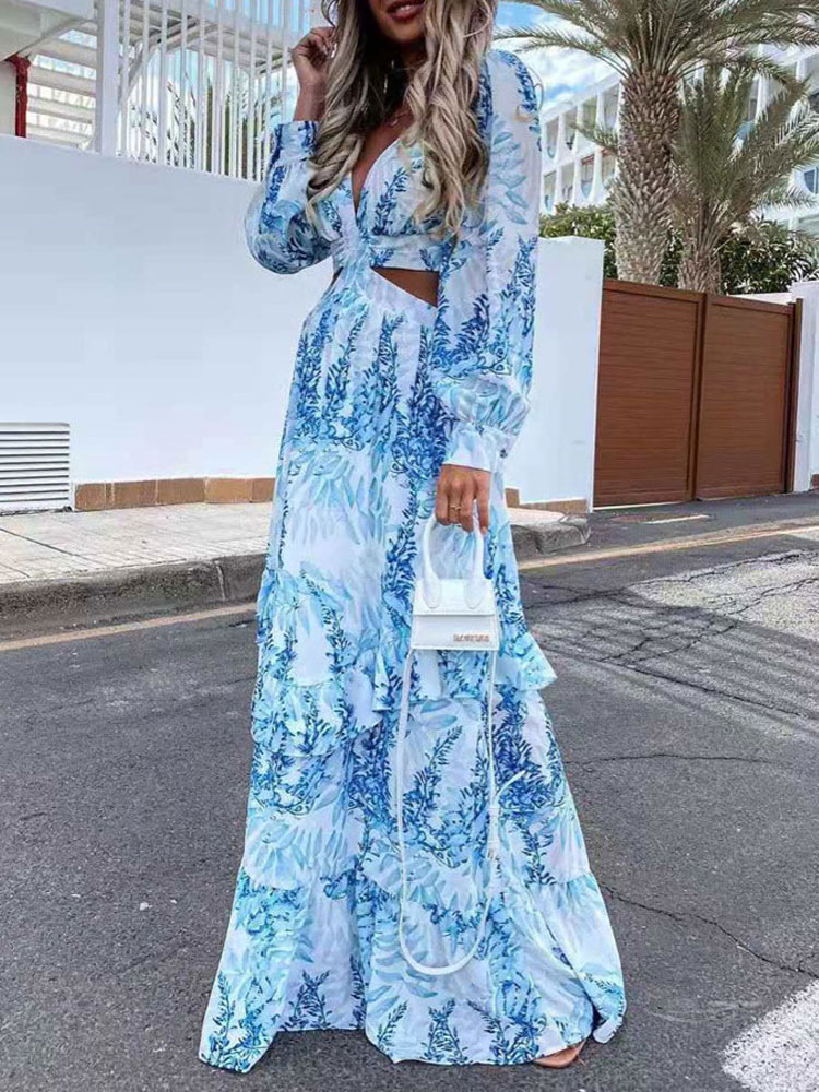 Women's Clothing Dresses | Maxi Dresses Sky Blue Floral Printed V-Neck Long Sleeves Pleated Asymmetrical Polyester Floor Length 