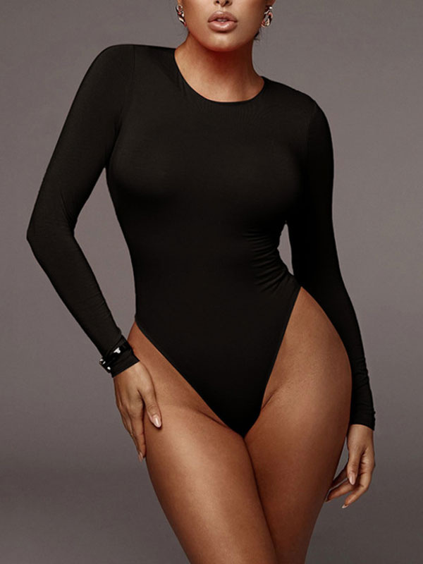 Mode Femme Tops | Body à Col Rond Femme en Dentelle Unicolore Silhouette avec Manches Longues Sexy Body Femme - IG26860