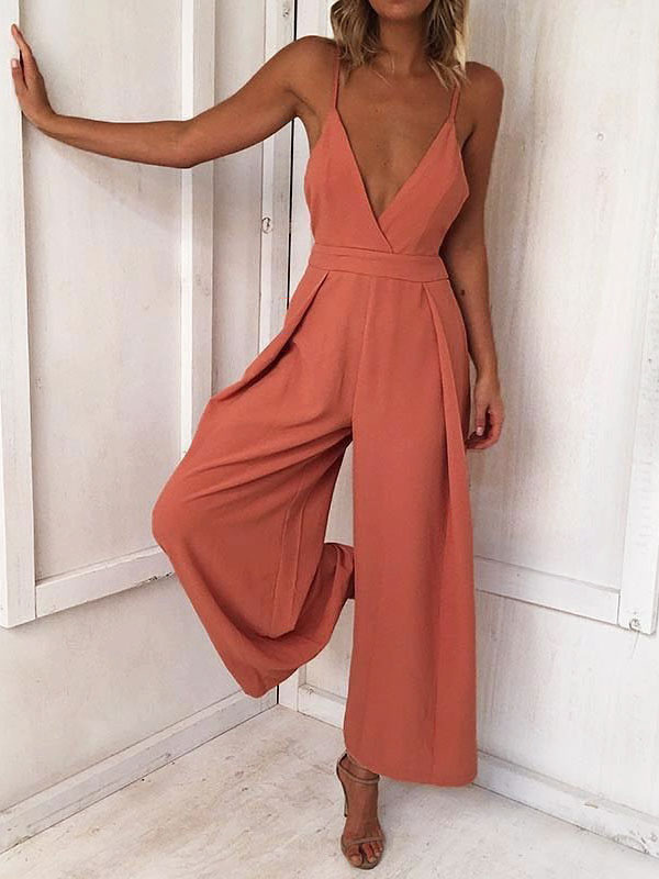 Women's Clothing Jumpsuits & Rompers | Women Watermelon Red Straps V-Neck Sleeveless Pleated Irregular Spaghetti Straps Polyester Jumpsuits For Women - RO25164
