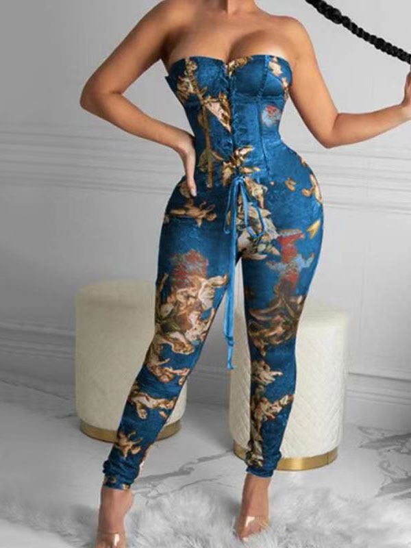 Women's Clothing Jumpsuits & Rompers | Coffee Brown Printed Strapless Sleeveless Lace Up Strapless Polyester Jumpsuits For Women