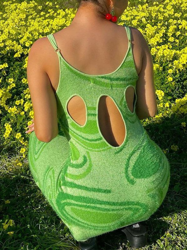 Women's Clothing Dresses | Maxi Dresses Sleeveless Green Printed Straps Neck Crochet Maxi Irregular Lycra Spandex Long Dress - H