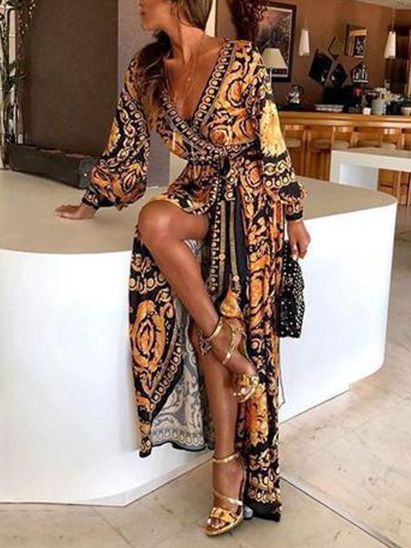 Mode Femme Milanoo exclusivité | Robes Longues Imprimés Bohèmes Femmes à Col Décolleté en V avec Manches Longues Amples Coupe Cintrée à Lacets - HB08065