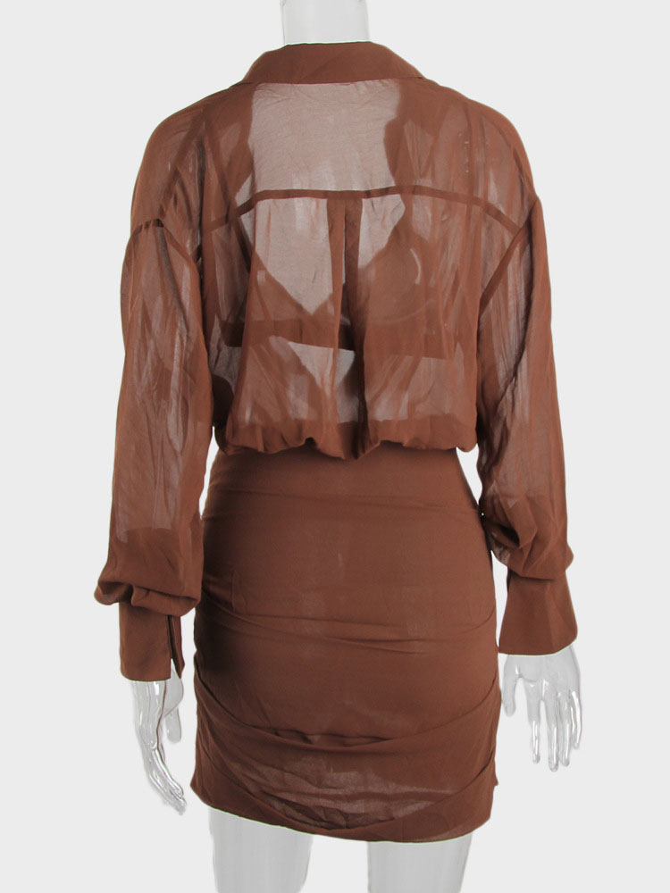 Women's Clothing Two Piece Sets | Two Piece Sets Coffee Brown Polyester V-Neck Pleated Cut Out Casual Playsuit Sleeveless Sexy Top Women Outfit - OZ47114