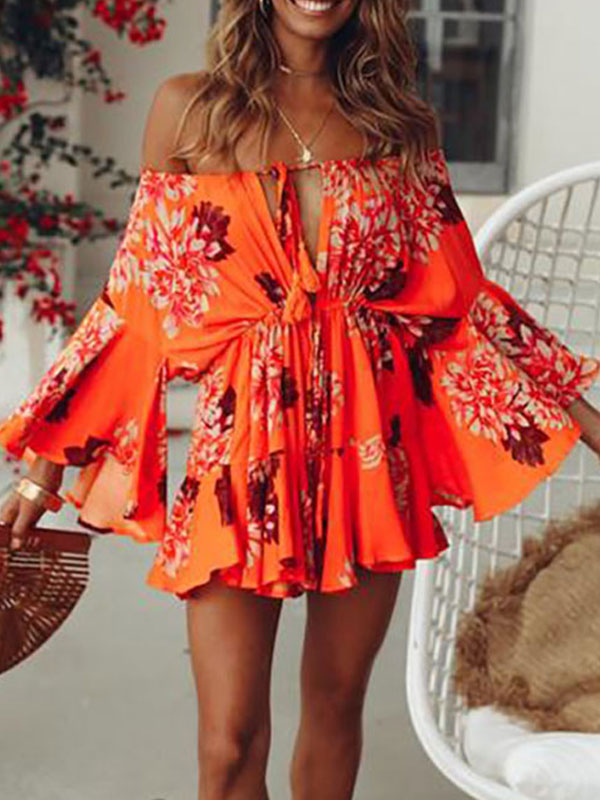 Moda Mujer Vestidos | Vestido de verano naranja Vestido de playa de poliéster con estampado floral de media manga con cuello barco - HX08139