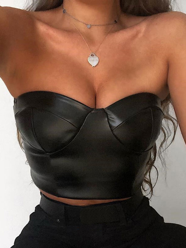 Women's Clothing Clubwear | Black Clubwear Top Enticing Strapless Sleeveless Pu Leather Backless Casual Sexy Top - UA80287