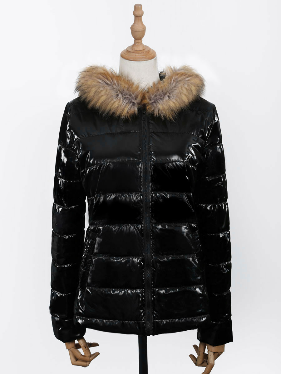 Women's Clothing Outerwear | Women Black Jacket Puffer Coat Faux Fur Hooded Long Sleeves Coat - HO27176