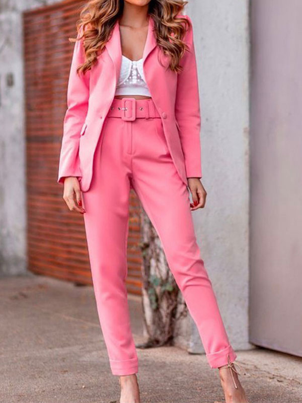 Women's Clothing Two Piece Sets | Women Pink Two Piece Sets Polyester Spring Long Sleeves Turndown Collar Outfit - CN80556
