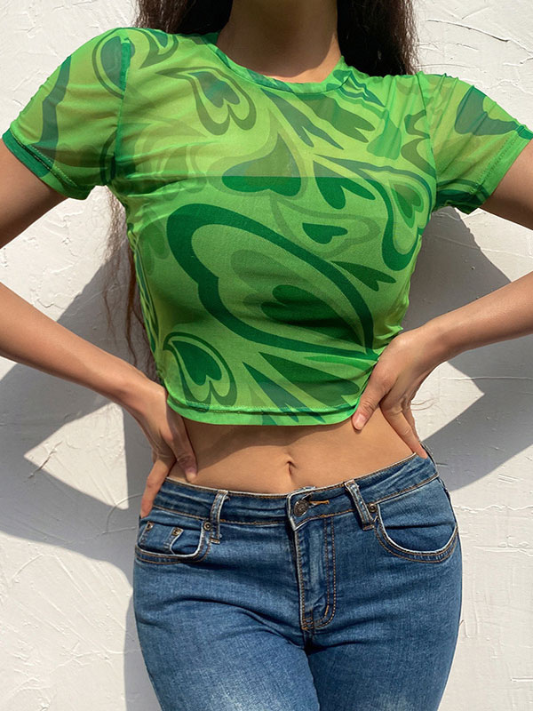 Women's Clothing Tops | Green T-Shirt For Women Short Sleeves Polyester Printed Pattern Stretch Piping Jewel Neck Casual Blouse - XO41317