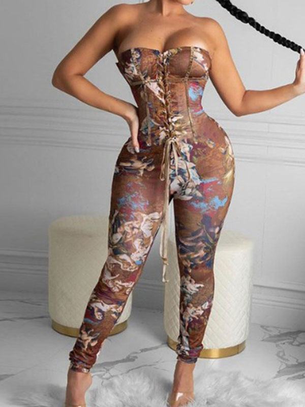 Women's Clothing Jumpsuits & Rompers | Coffee Brown Printed Strapless Sleeveless Lace Up Strapless Polyester Jumpsuits For Women