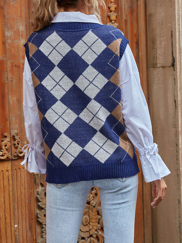 Women's Clothing Sweaters & Cardigans | Women Pullovers Royal Blue Plaid V-Neck Long Sleeves Polyester Sweaters Vest - RF53482