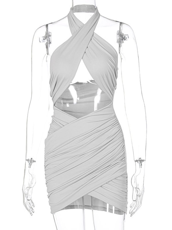 Women's Clothing Clubwear | Club Dress For Women Halter Neck Sleeveless Polyester Grey Sexy Midi Dress - JS65166