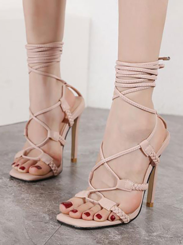 Zapatos de Mujer | Sandalias de tacón Tacón de aguja de albaricoque Punta cuadrada Tacón de aguja Tacones de cuero de PU con cordones - UN93201