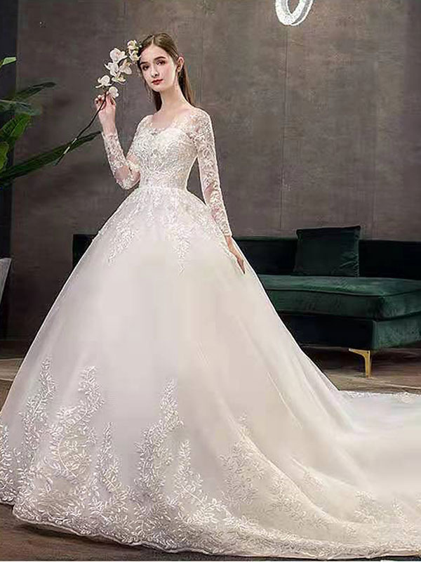 Vintage Wedding Dresses Eric White Jewel Neck Long Sleeves Natural Waist Satin Fabric Cathedral Train Applique Traditional Dresses For Bride Milanoo Com