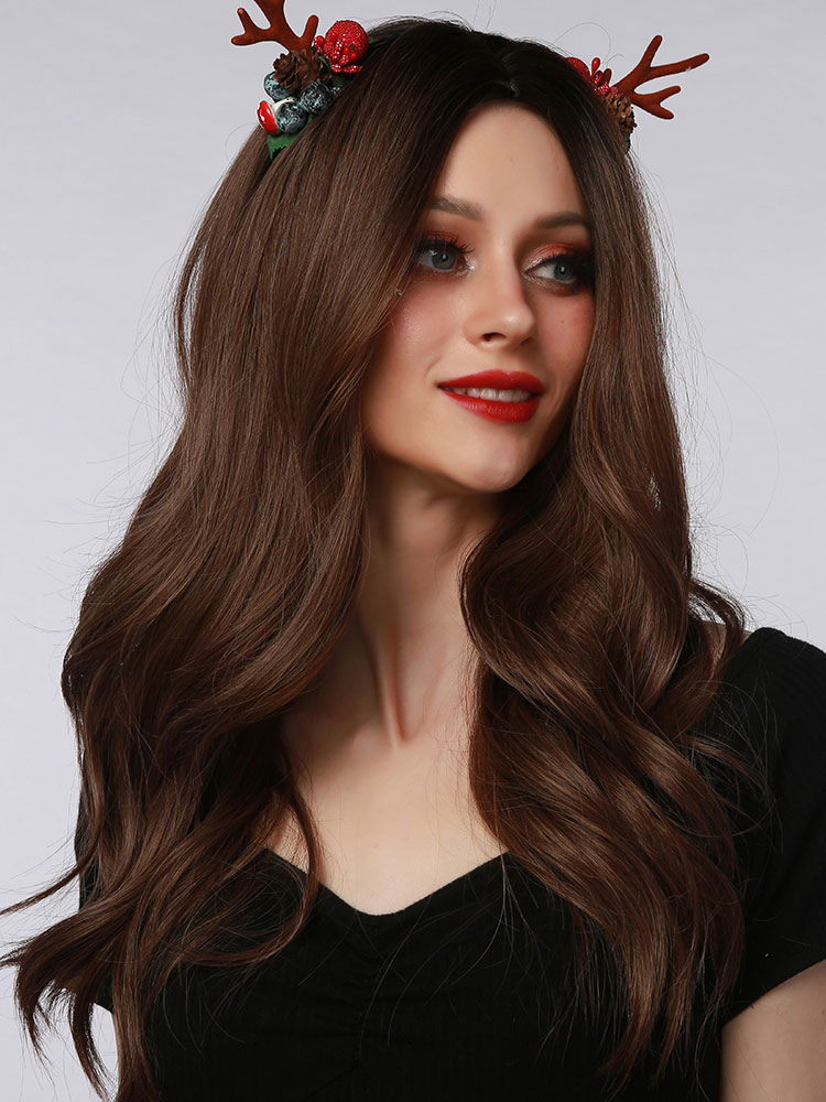 Women Long Wig Coffee Brown Curly Heatresistant Fiber Layered Long