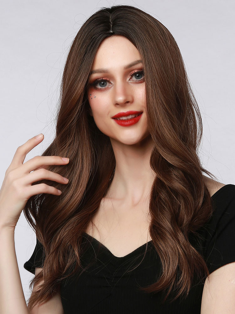 Women Long Wig Coffee Brown Curly Heatresistant Fiber Layered Long