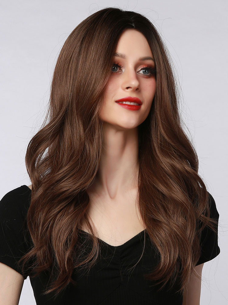 Women Long Wig Coffee Brown Curly Heatresistant Fiber Layered Long