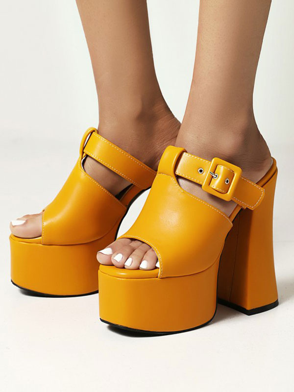 Zapatos de Mujer | Sandalias sexis para mujer Cuero PU amarillo Peep Toe Tacón grueso Mulas de tacón sexy - SH30355
