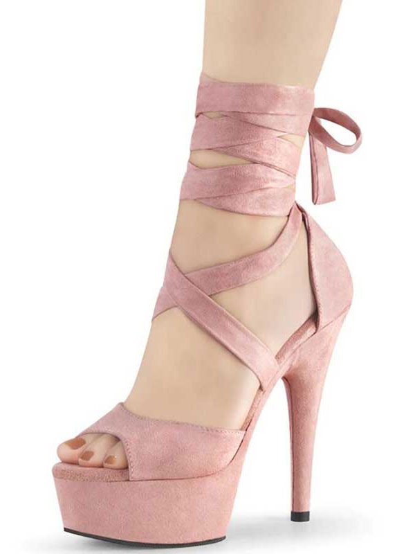 Zapatos de Fiesta | Sandalias sexis para mujer, color rosa, micro gamuza, punta abierta, tacones con cordones - HC92168