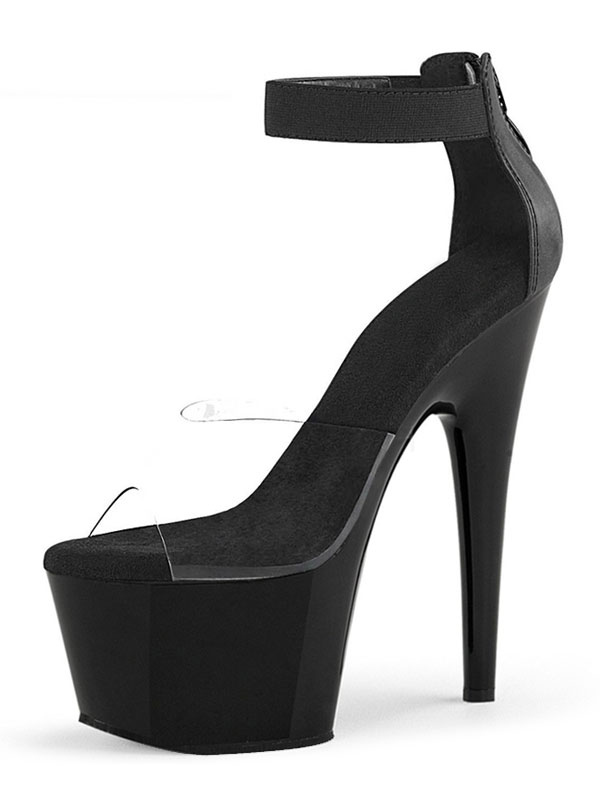 Zapatos de Fiesta | Sandalias sexis de tacón alto para mujer, de PVC negro, con punta abierta, tacón de aguja, tacones con correa en el tobillo Zapatos de baile de barra - WY14280