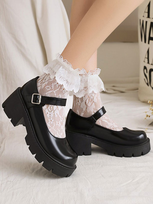 Academic Lolita Footwear Black Round Toe PU Leather Lolita Pumps ...