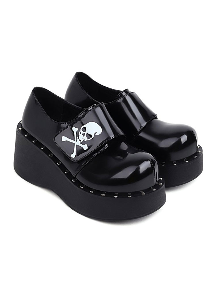 Costumes Lolita | Academic Lolita Footwear Black Round Toe PU Leather Lolita Shoes - QO96612