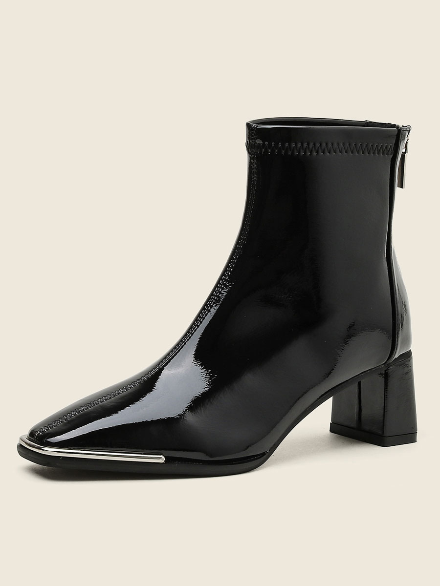 Women's Square Toe Block Heel Ankle Boots in Black Patent Leather ...