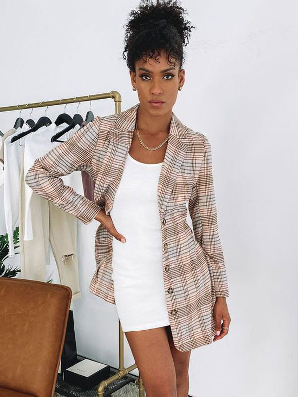 Women's Clothing Outerwear | Blazer For Women Brown Fashion Turndown Collar Long Sleeves Plaid Shacket - MP08139