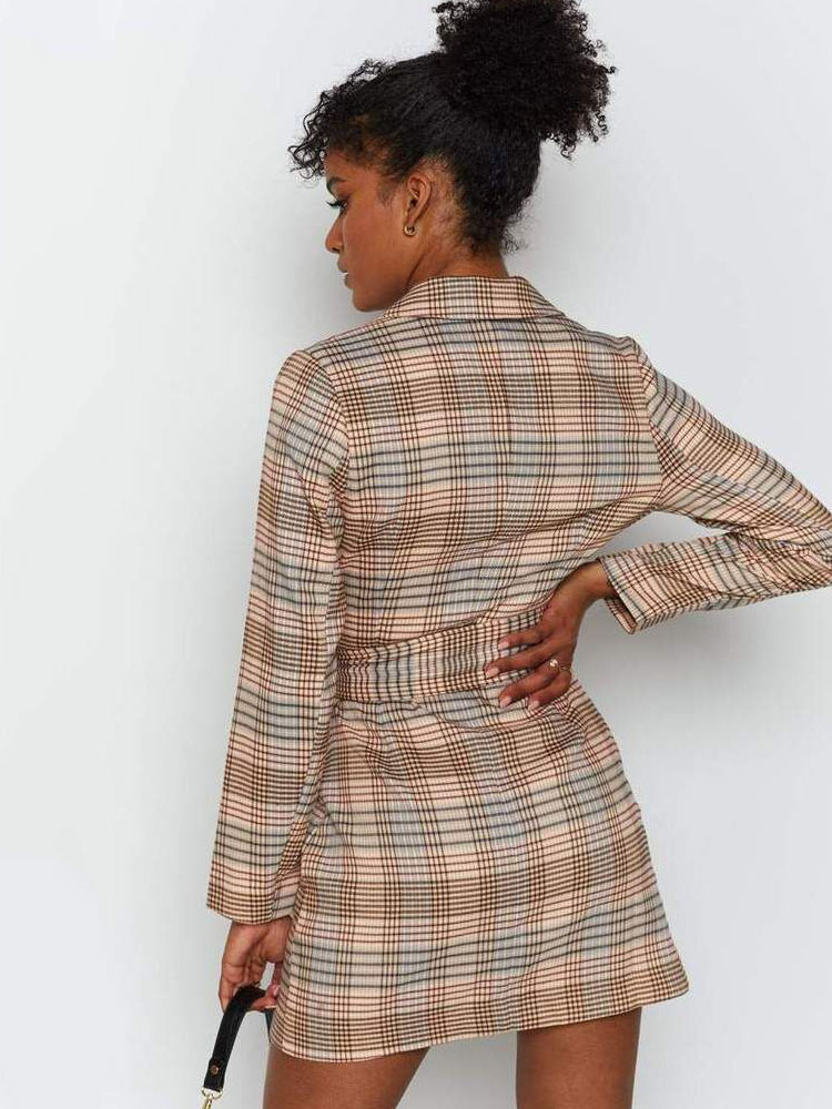 Women's Clothing Outerwear | Blazer For Women Brown Fashion Turndown Collar Long Sleeves Plaid Shacket - MP08139
