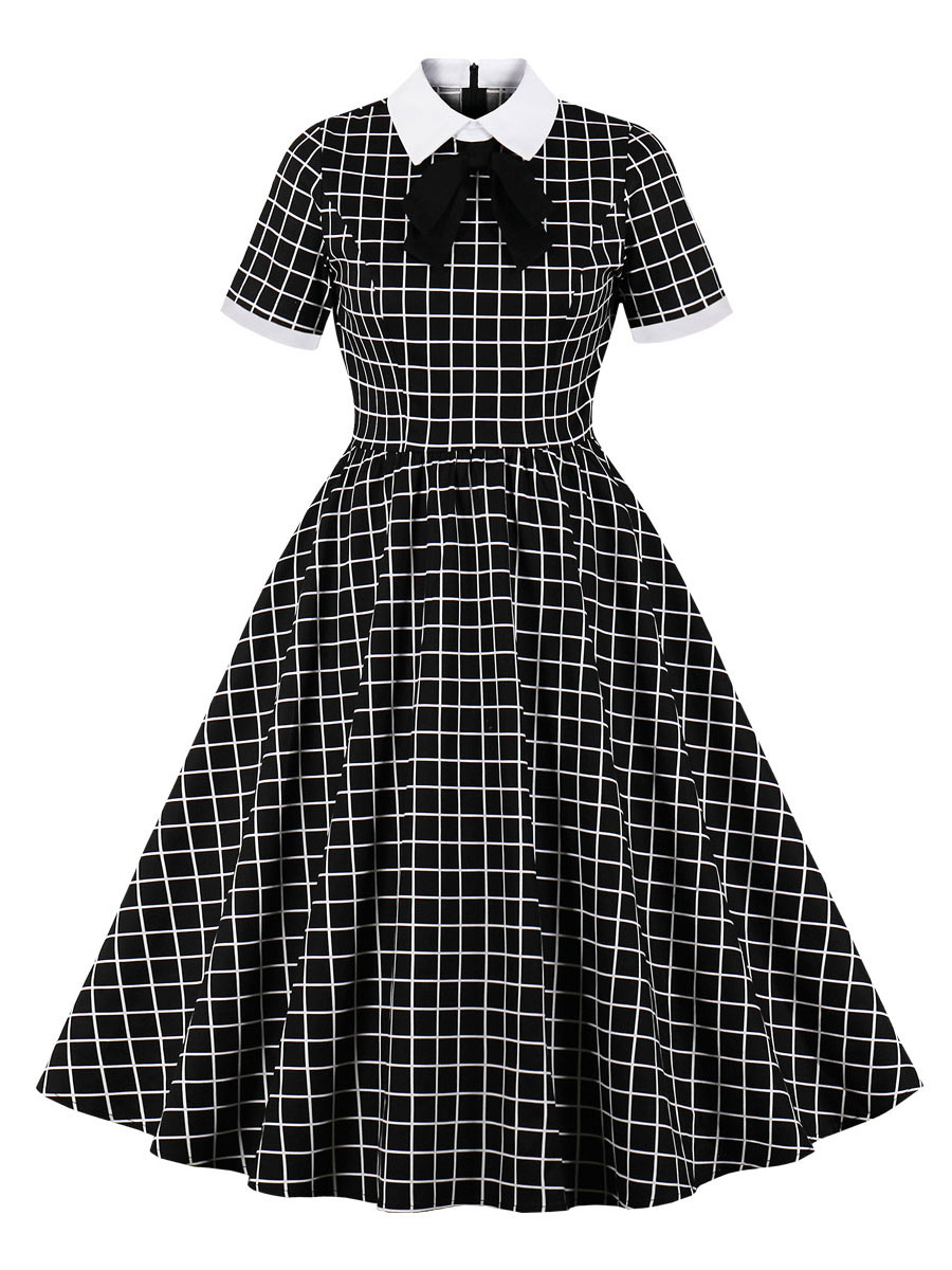 vintage de los años 50 Vestido de manga corta con lazo en capas de cuadros negros de swing con cuello vuelto - Milanoo.com