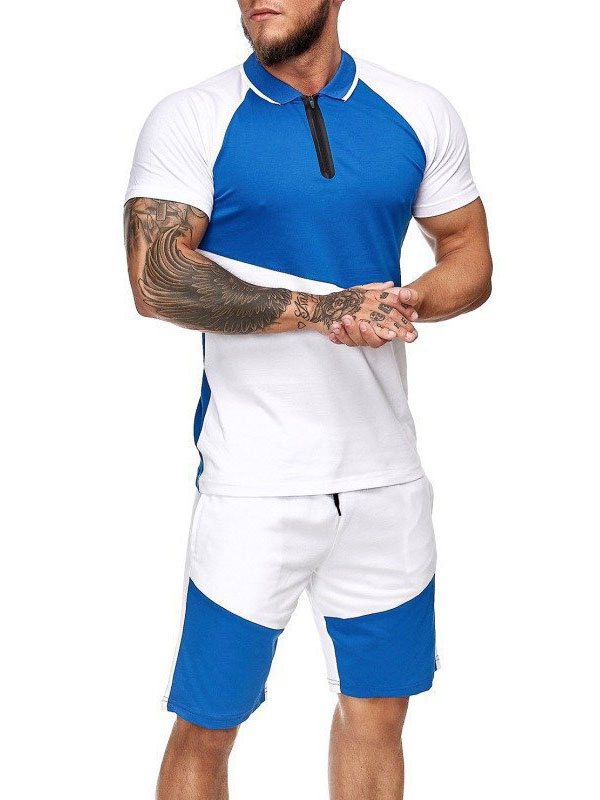 Men's Clothing Men's Activewear | Men's Activewear 2-Piece Printed Short Sleeves Jewel Neck Blue - PZ73645
