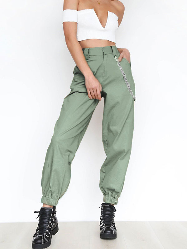 Women's Clothing Women's Bottoms | Women Harem Sweatpants Chains Polyester High Rise Waist Button Fly Khaki Trousers - KE46690