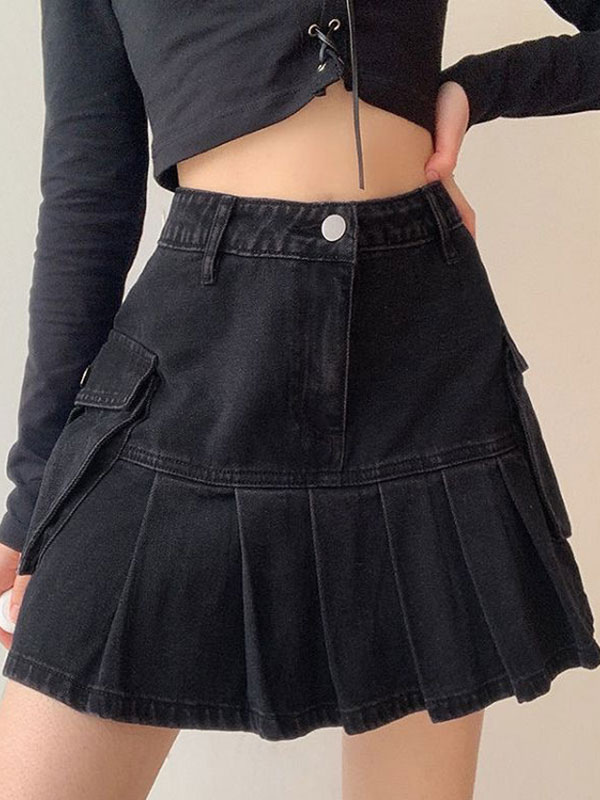 Women's Clothing Women's Bottoms | Mini Skirt For Women Black Buttons High Rise Waist Layered Vintage Denim Short Skirt - OL18309