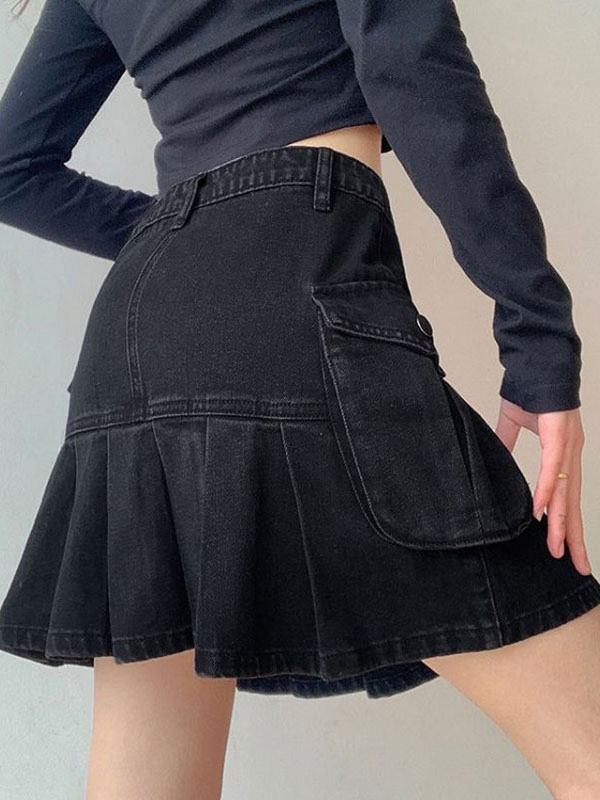 Women's Clothing Women's Bottoms | Mini Skirt For Women Black Buttons High Rise Waist Layered Vintage Denim Short Skirt - FN41186
