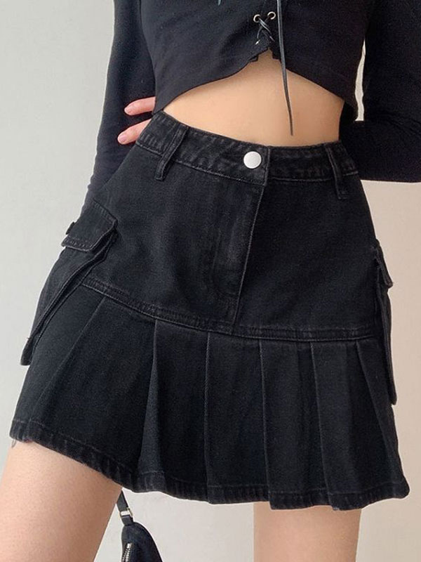 Women's Clothing Women's Bottoms | Mini Skirt For Women Black Buttons High Rise Waist Layered Vintage Denim Short Skirt - FN41186