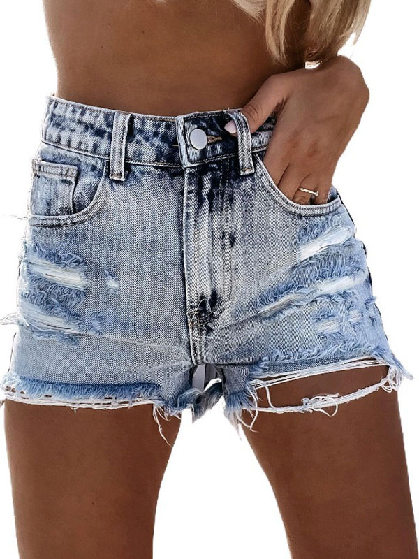 Women's Clothing Women's Bottoms | Women Jeans Light Blue Zipper Fly Buttons Straight Casual Cowboy Denim Shorts - LW49437