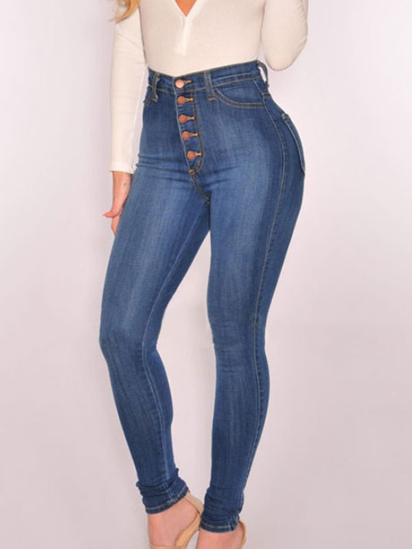 Pantalons Jean Longs Femme Moulant Coupe Cintrée à Zip avec Poches