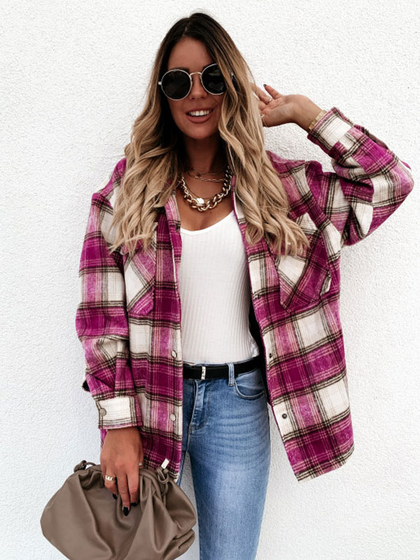Women's Clothing Outerwear | Women Jackets Turndown Collar Plaid Pattern Front Retro Buttons Field Polyester Jacket Cozy Active Outerwear - LX41222