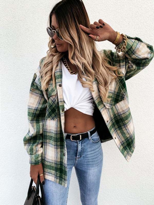 Women's Clothing Outerwear | Women Jackets Turndown Collar Plaid Pattern Front Retro Buttons Field Polyester Jacket Cozy Active Outerwear - LX41222