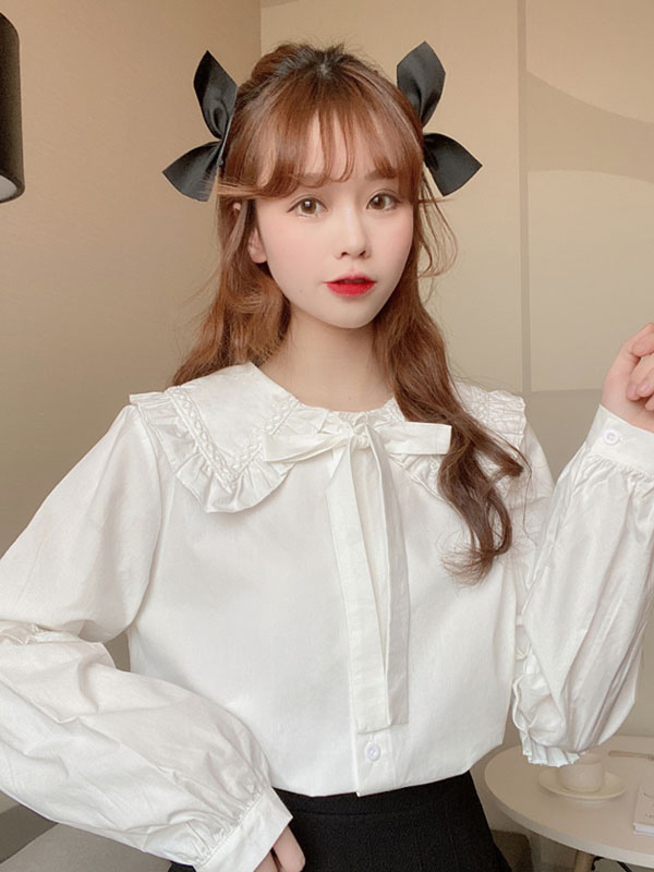 Sweet Lolita Blouses White Long Sleeves Ruffles Bows Daily Casual ...