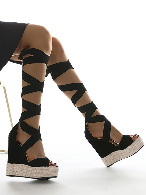 Zapatos de Mujer | Sandalias de cuña para mujer con cordones Punta abierta Tacón de cuña Terry Tacones con cordones negros - BR61338