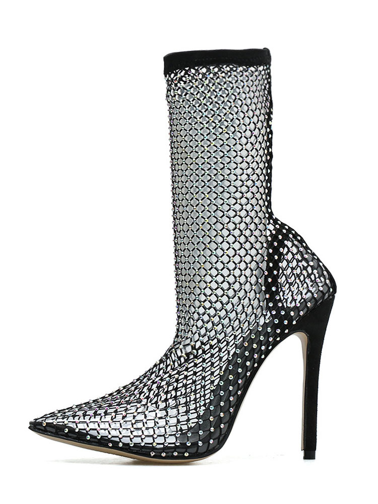 Women's Black Sparkly Fishnet Mid Calf Summer Boots with Rhinestones ...
