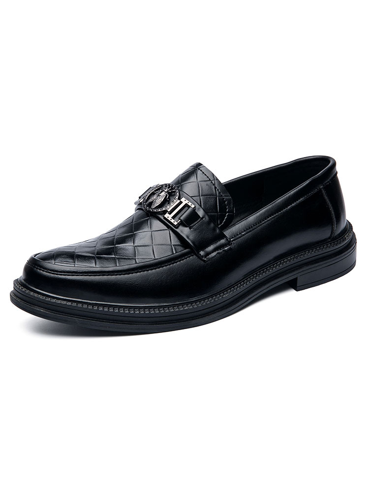 Zapatos de hombre | Zapatos holgados para hombre Detalles metálicos sin cordones Zapatos negros de cuero PU con punta redonda geométrica - WZ69465