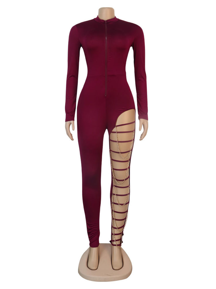 Women's Clothing Jumpsuits & Rompers | Women Burgundy V-Neck Long Sleeves Chains Removable Polyester Tapered Leg Jumpsuits For W